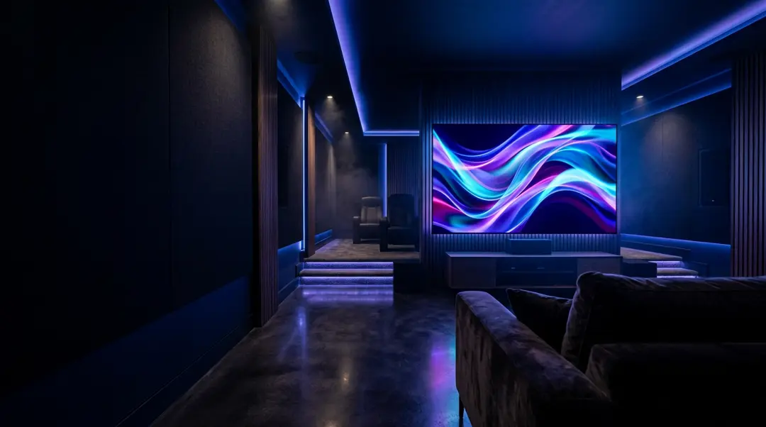A dark luxury home theatre lit with blue and violet light, with a large television showing flowing abstract colours