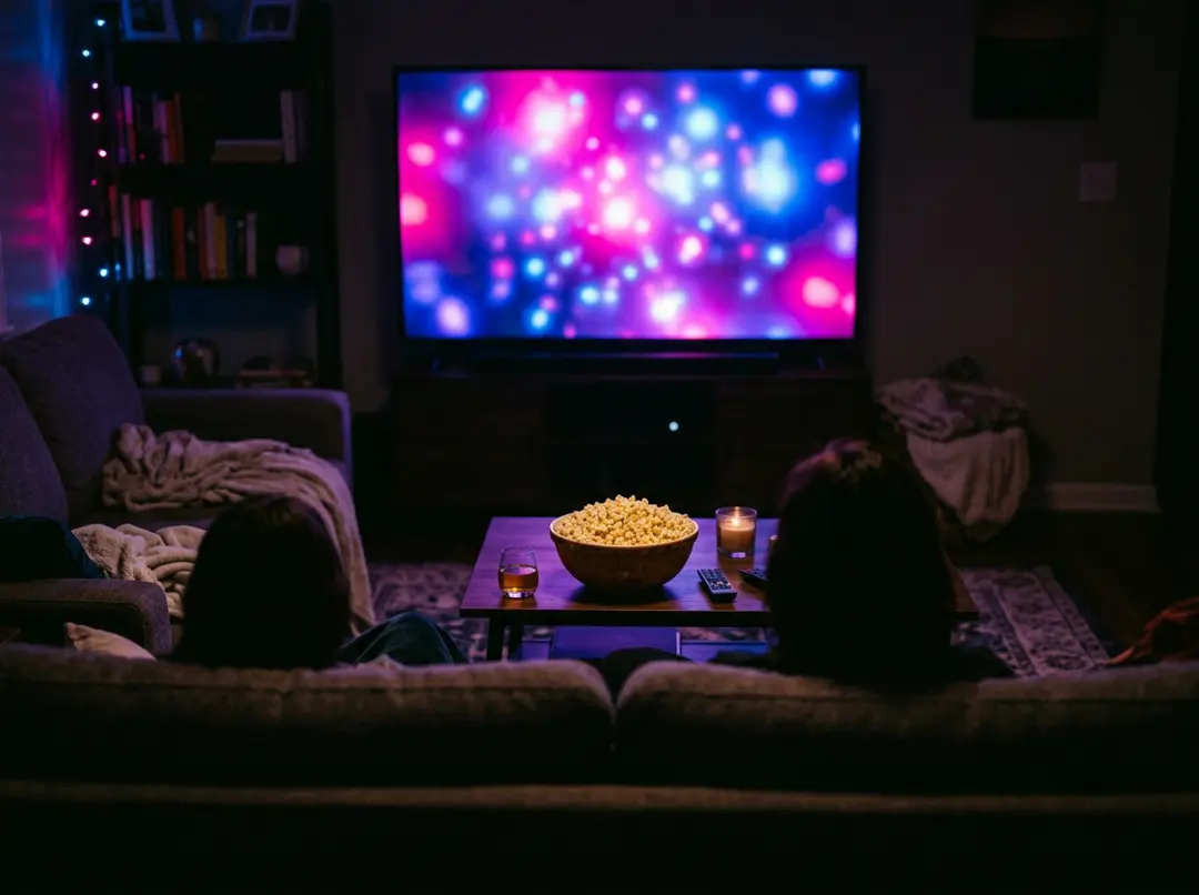 A cosy living-room movie night with popcorn, lit by colourful light from a large television