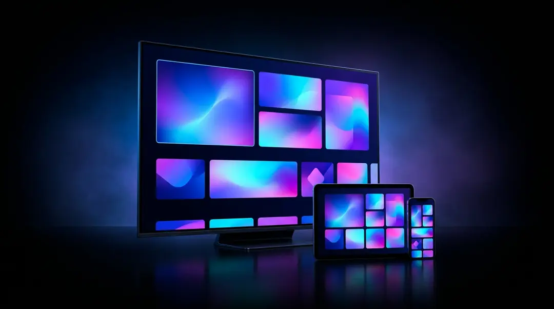 A large television, a tablet, and a smartphone side by side, each displaying a colourful abstract streaming interface